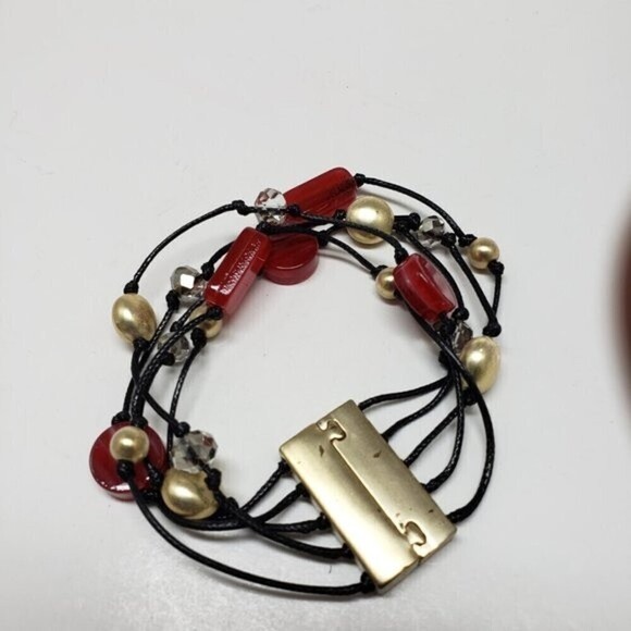 Women's Layered Black cord, Gold tone, Red & Clear Beads Bracelet, magnetic lock - Picture 7 of 10